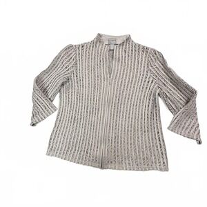 Women's Chico's travelers sz M/1 Taupe Striped, Lace, Knit jacket with Zip Front